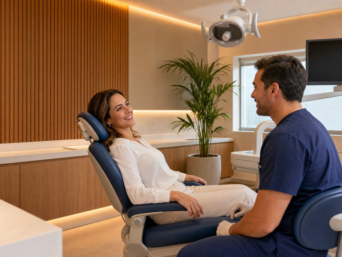 Dentista conversando com uma paciente sentada na cadeira, antes do atendimento