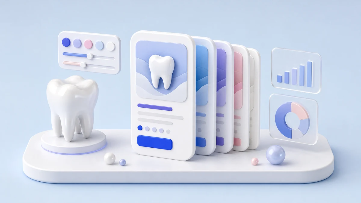 Cena 3D com um dente cerâmico, um painel de anúncio e quatro variações da mesma peça em cores diferentes